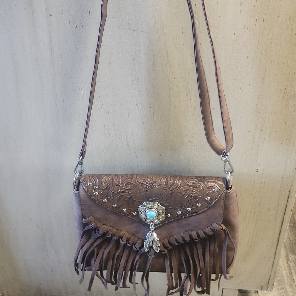 Lavawa Western Leather Purse with Fringe and Turquoise.